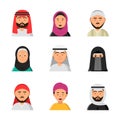 Arab avatars. Islam muslim portraits of male and female hijab niqab vector flat icons for web