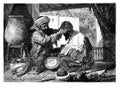 Arab Barber Shaving Customer. History and Culture of North Africa. Antique Vintage Illustration. 19th Century.