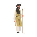 Arab Bearded Man Walking in Traditional Muslim Dress and Long Flowing Garment with Cane Vector Illustration