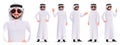 Arab business man vector character set. Arabian boss characters in sunglasses with standing and waving pose and gestures.