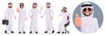 Arab business man vector character set. Arabian male boss characters with thumbs up and standing pose.