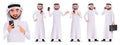 Arab business man vector character set. Arabian male characters holding bag and phone isolated in white background.