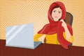 Arab Business Woman In Traditional Clothes Working At Laptop Computer Over Retro Comic Background