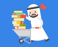 Arab businessman carry a pile of book with cart, world book day