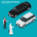 Arab businessman chooses Luxury car. Flat 3d vector isometric illustration. Cars for sale. Auto business, car sale and