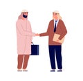 Arab businessman handshake. Business agreement, happy office workers greetings. Muslim male characters