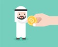 Arab Businessman receive bit coin from big hand, cryptocurrency