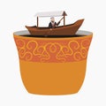 Arab Businessman Rowing Boat on Coffee Cup Vector Illustration