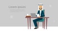 Arab businessman sitting at office desk hold laptop, business man cofee break concept, flat