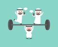 Arab businessman try to weigh lifting barbell with another playing cellphone on barbell