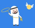 Arab Businessman using lasso noose catching flying gold coin