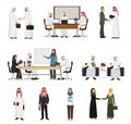 Arab businessman vector arabian business people handshaking to his business partner illustration set of arabic