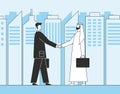 Arab businessmen, business handshake. Muslim investors on the background of city skyscrapers. Flat illustration