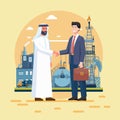 Arab businessmen handshake with a foreign businessman on oil and gas refinery background. Vector illustration eps10