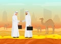 Arab businessmen sheikhs shake hands making deal vector illustration.