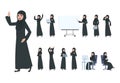 Arab businesswoman. Saudi muslim business woman character. Islam arabian female in business activity, cartoon office