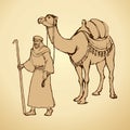 Arab with camel laden. Vector drawing