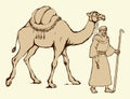 Arab with camel laden. Vector drawing