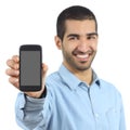 Arab casual man showing a mobile phone application