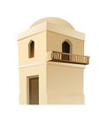 Arab clay double decker hut with balcony. Middle Eastern adobe dwelling. Africa and Asia traditional house. Isolated on