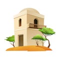 Arab clay double decker hut with balcony. In sandy desert. Middle Eastern adobe dwelling. Africa and Asia traditional