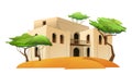 Arab clay hut with balcony. Middle Eastern adobe dwelling. In sandy desert. Africa and Asia traditional house. Isolated