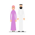 Arab couple. Arabic man and woman in traditional clothes standing together. Cartoon illustration isolated on white background in Royalty Free Stock Photo