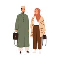 Arab couple in modern casual clothes and headwears. Portrait of Muslim man in thobe and woman in hijab and pants. People