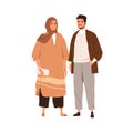 Arab couple in modern casual clothes. Muslim man and woman in hijab. Happy Arabian people wearing stylish outfits with