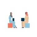 Arab couple sitting using laptop business meeting interview concept man woman cartoon character silhouette full length Royalty Free Stock Photo