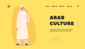 Arab Culture Landing Page Template. Arabian Boy Wear Traditional Clothes. Preteen Child Male Character in Long Dress