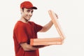 Arab Deliveryman Open Pizza on White Background.