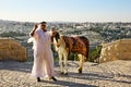 Arab donkey on the observation deck of the Mount of olives