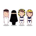 Arab and egypt national clothes. Set of cartoon characters in traditional costume. Cute people. Wearing hijab Islam flat Royalty Free Stock Photo