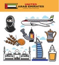 Arab Emirates UAE travel tourism landmarks and culture vector icons set
