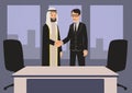 Arab and European businessmen shaking hands. Business meeting in office with Arab partners. Vector illustration.