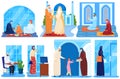 Arab family muslim or asian saudi people in traditional islamic cloths set of vector illustrations. People in national