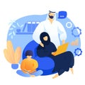 Arab family work together at home. wife helps husband to work online and child reads book. freelance. Concept for working,