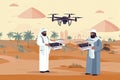 arab farmers controlling agricultural drones sprayers quad copters flying to spray chemical fertilizers in greenhouse smart