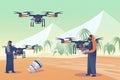 arab farmers controlling agricultural drones sprayers quad copters flying to spray chemical fertilizers in greenhouse smart
