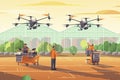 arab farmers controlling agricultural drones sprayers quad copters flying to spray chemical fertilizers in greenhouse smart