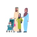 Arab father mother daughter baby son in stroller full length avatar on white background, successful family concept, flat
