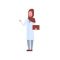 Arab female doctor holding clipboard arabic woman in hijab and uniform pointing something hospital medicine worker