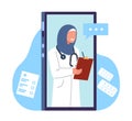 Arab female doctor on smartphone screen writing online prescription. Muslim woman in hijab. Medical specialist