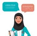 Arab female doctor. Hospital worker speaking with speech bubble and holding clipboard.