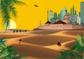 The Arab fortress and the modern city in the desert Sands. Landscape.