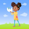 Arab girl on the green meadow with white dove in her hands and blue sky. Freedom and peace concept. Vector illustration.