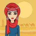 Arab girl in a turban in the desert. Royalty Free Stock Photo