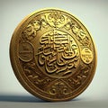 Arab gold coin. Gold dinar with inscription. Generative AI.