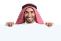 Arab happy saudi man displaying a banner sign